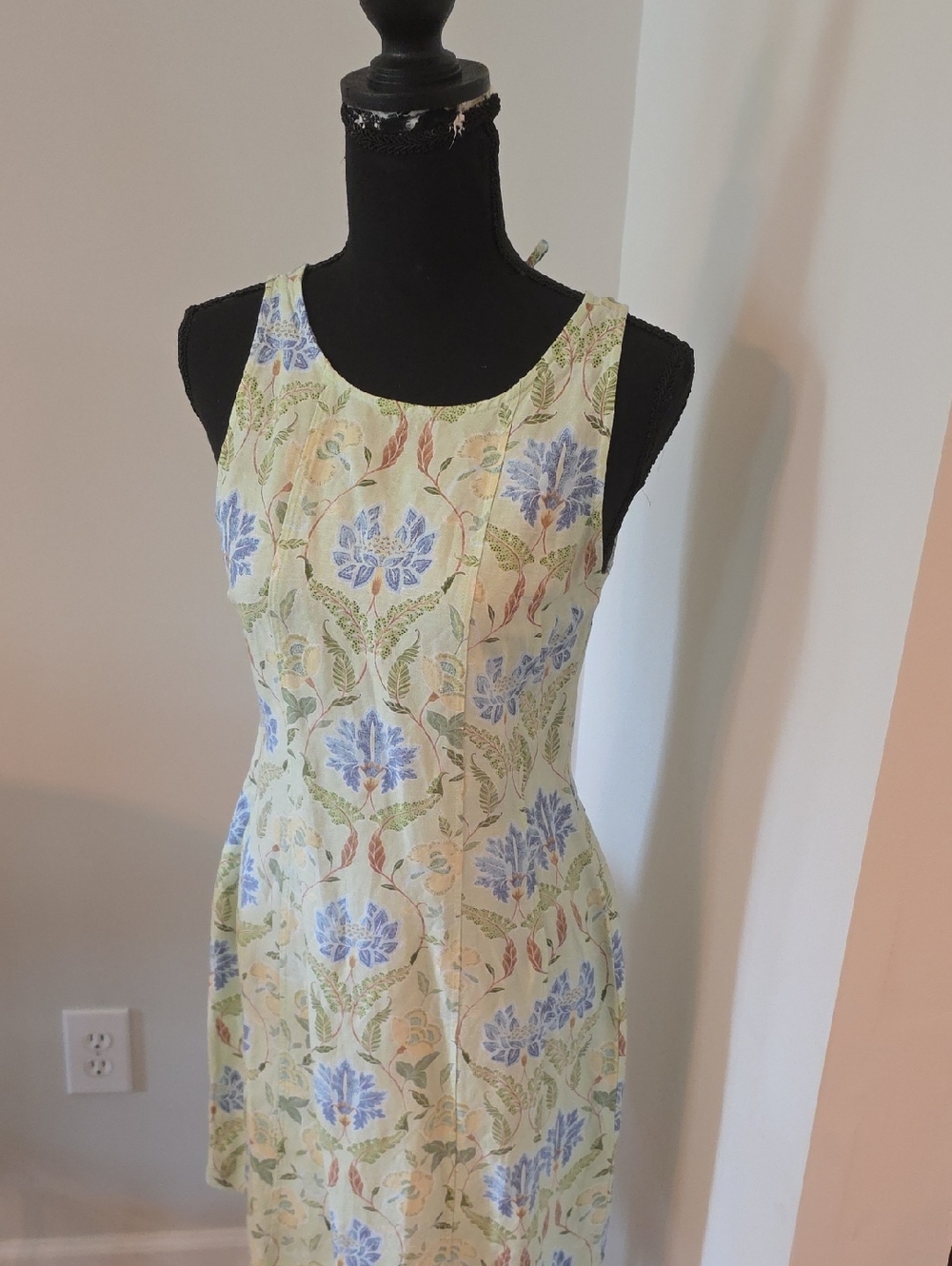 LOFT Sleeveless Garden Linen Blend Mini Dress in  Yellow with Blue Floral Print.